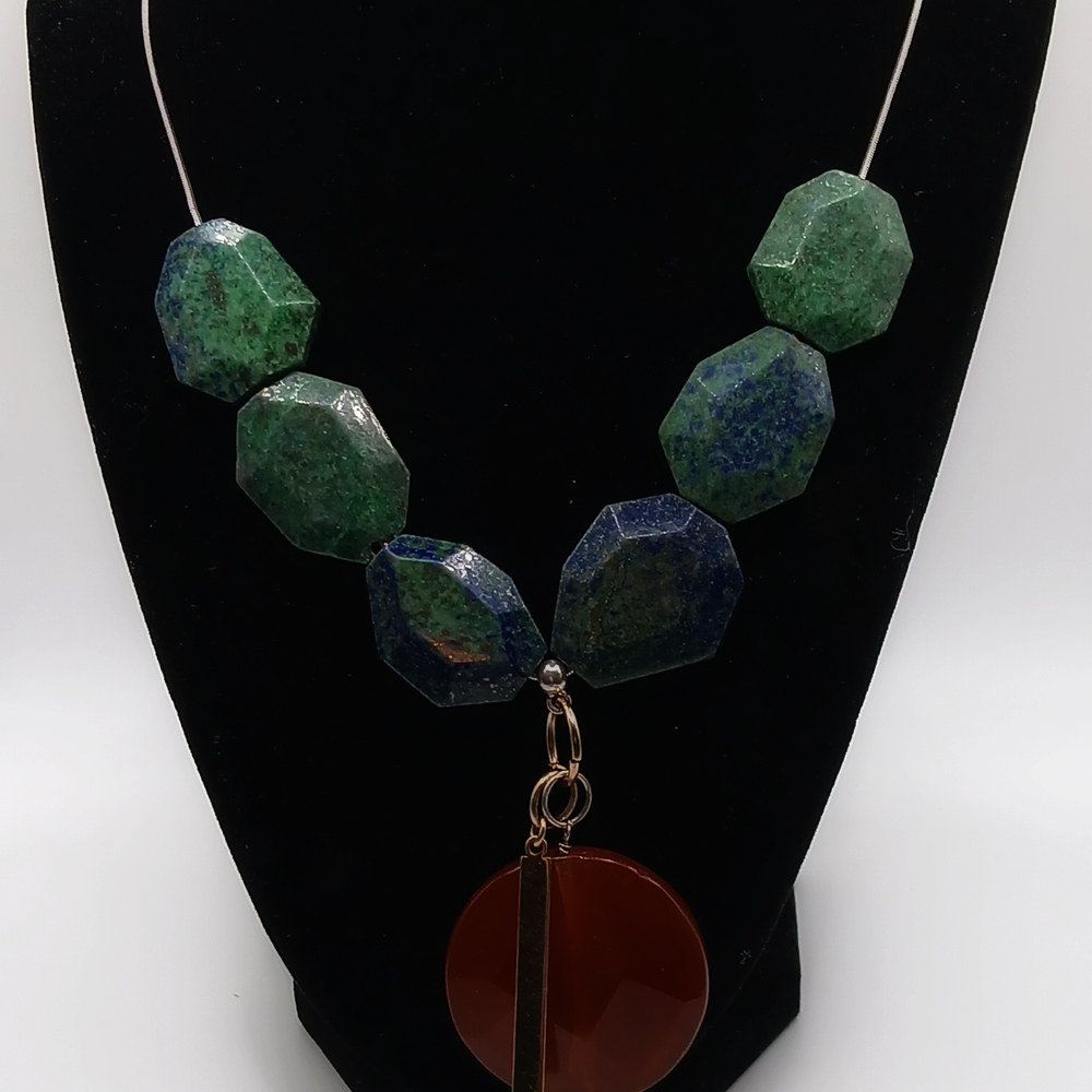 Elegant Green, Blue, and Rust Stones  Necklace with Accents of Gold and A Pearl